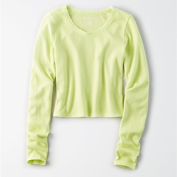 American Eagle • Long Sleeve Lace Trim Waffle Knit Tee in Lime - Picture 2 of 13